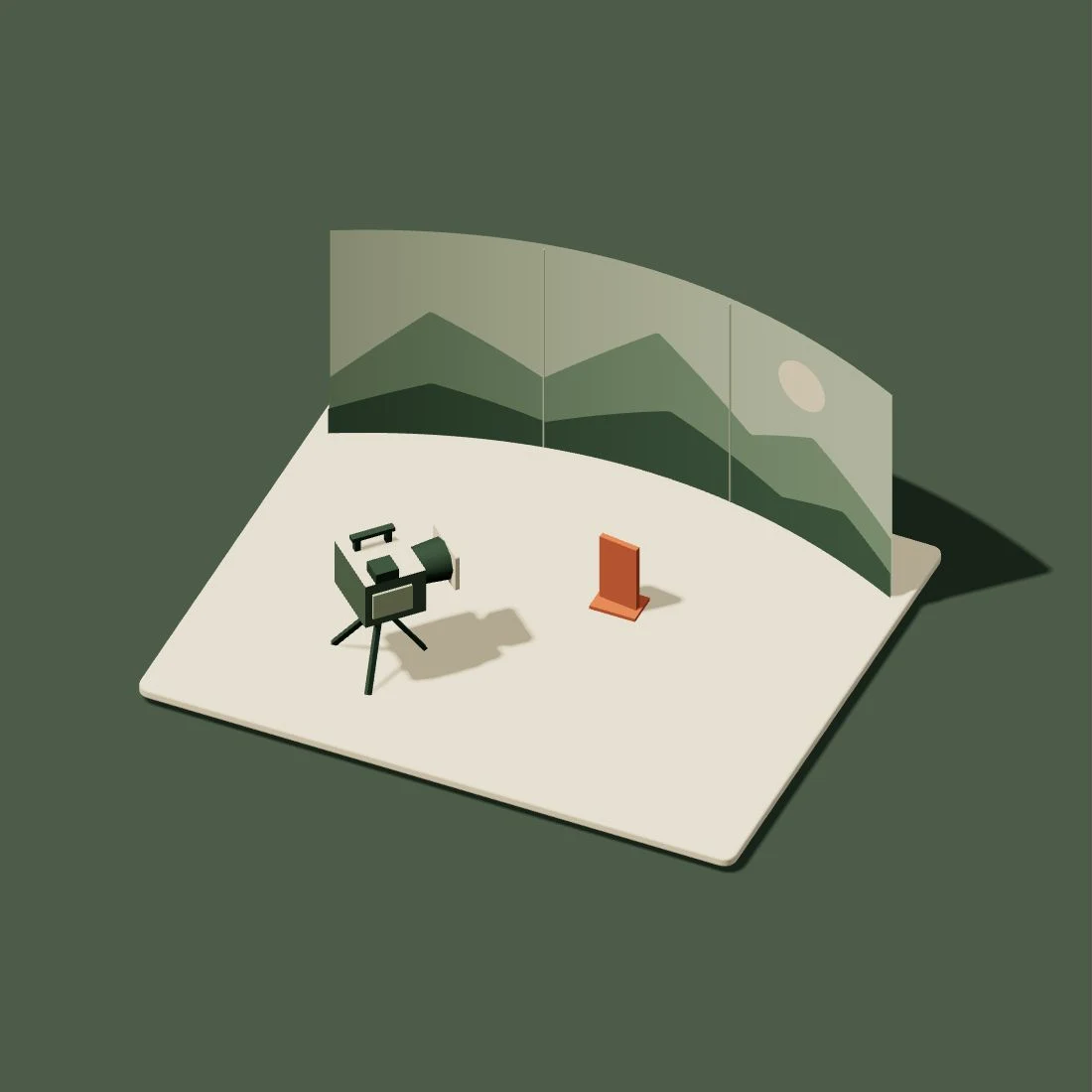 Plateau de production virtuelle en papier, caméra et écran panoramique paysager